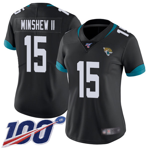 Nike Jacksonville Jaguars 15 Gardner Minshew II Black Team Color Women Stitched NFL 100th Season Vapor Limited Jersey